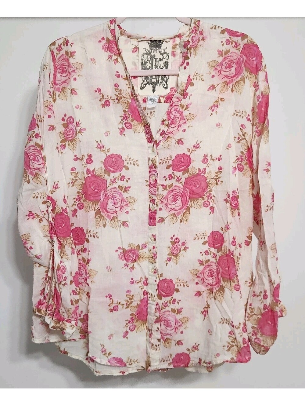 Jak Blouse Extra Large Pink Floral Button Down V Neck 100% Cotton USA Made